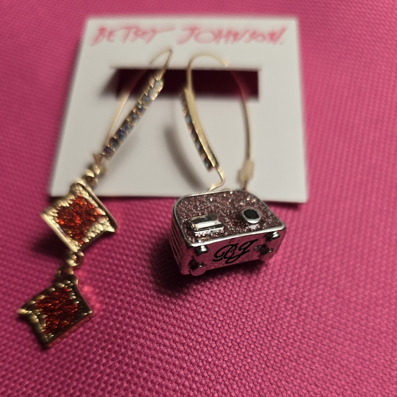 Betsey Johnson Gold-Tone Drop Earrings with Red & Pink Glitter Charms - Picture 3 of 14